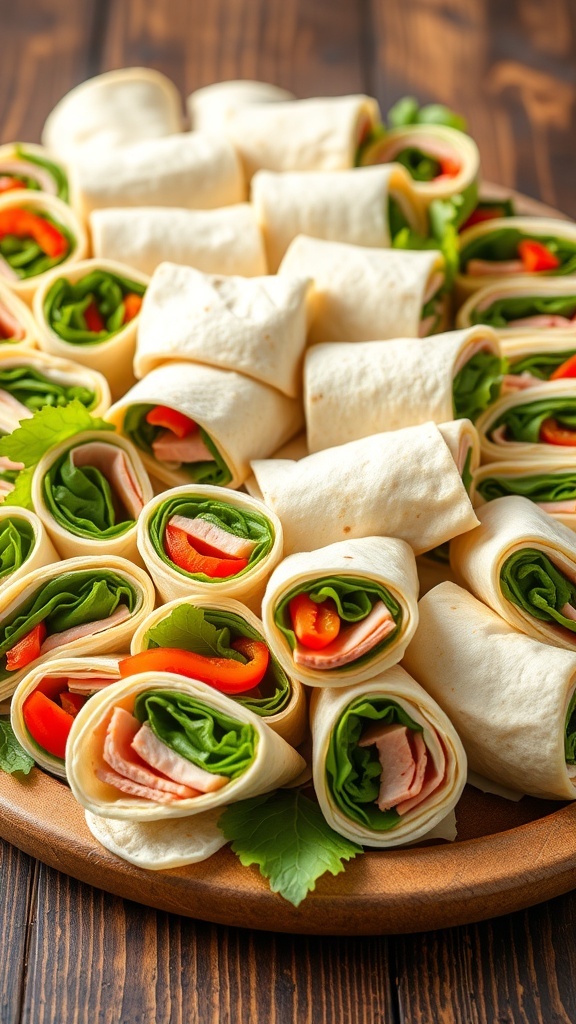 A platter of sliced tortilla roll-ups filled with cream cheese, deli meats, and vegetables, on a rustic wooden table.